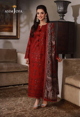 ASIM JOFA-3PC DHANAK SEQUIN EMBROIDRED SHIRT WITH COURTRAI PRINTED SHAWL AND TROUSER-ADR-4228