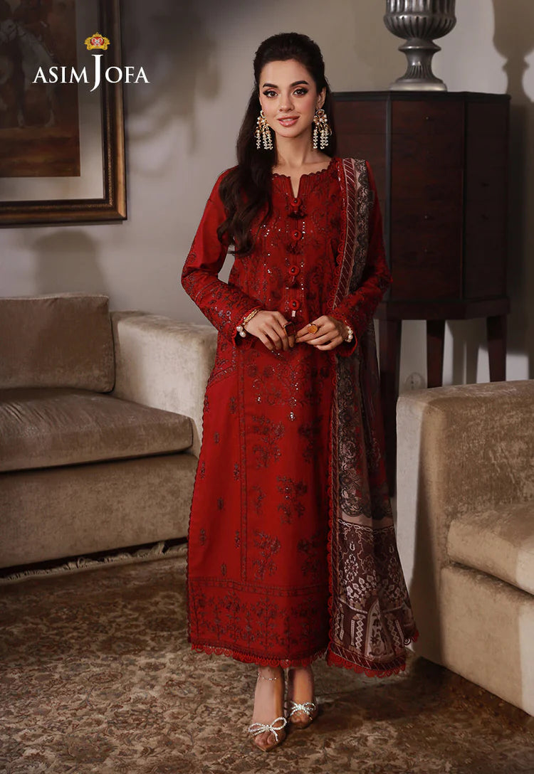 ASIM JOFA-3PC DHANAK SEQUIN EMBROIDRED SHIRT WITH COURTRAI PRINTED SHAWL AND TROUSER-ADR-4228