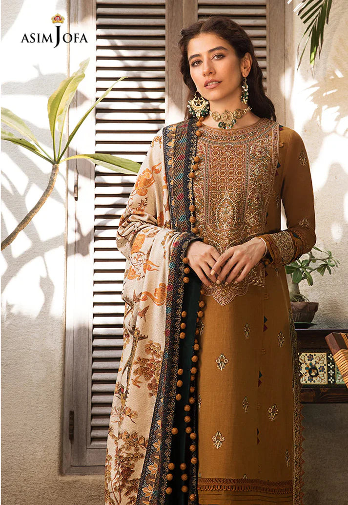 ASIM JOFA-3PC DHANAK EMBROIDERED WITH WOOL PTINT SHAWL-ADR-3224