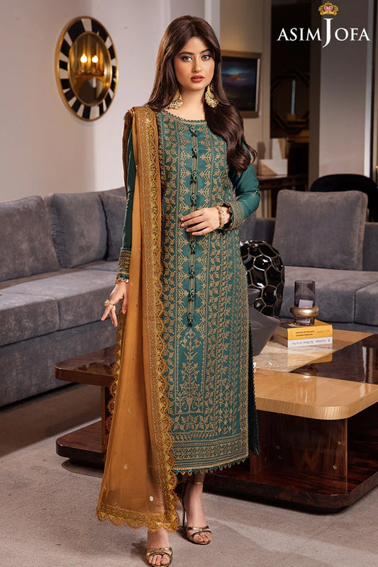 ASIM JOFA-3PC DHANAK EMBROIDERED SHIRT WITH CHIFFON EMBROIDERED DUPATTA AND TROUSER -ADR-4153