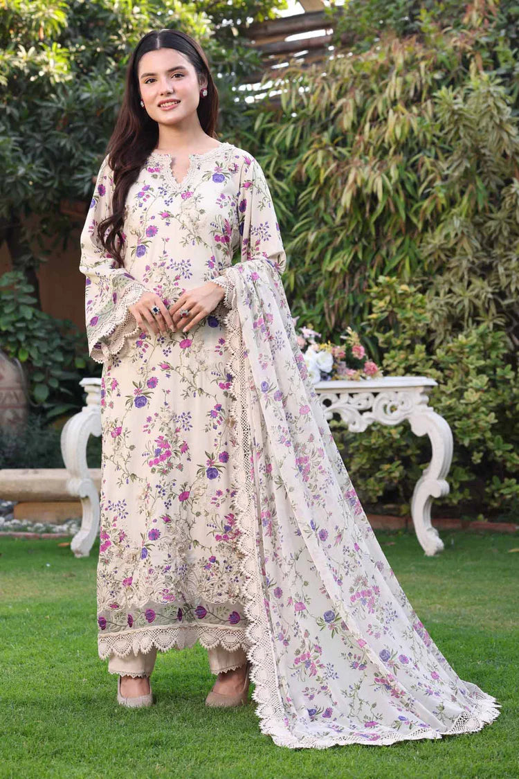 ANEELAS-3PC LAWN PRINTED CHIKAN EMB SHIRT WITH SILK PRINTED DUPATTA AND TROUSER-ADR-031