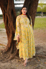ANEELAS-3PC LAWN PRINTED EMB FROCK WITH SILK PRINTED EMB DUPATTA AND DYED TROUSER-ADR-038