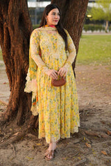 ANEELAS-3PC LAWN PRINTED EMB FROCK WITH SILK PRINTED EMB DUPATTA AND DYED TROUSER-ADR-038