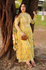 ANEELAS-3PC LAWN PRINTED EMB FROCK WITH SILK PRINTED EMB DUPATTA AND DYED TROUSER-ADR-038