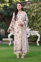 ANEELAS-3PC LAWN PRINTED CHIKAN EMB SHIRT WITH SILK PRINTED DUPATTA AND TROUSER-ADR-031