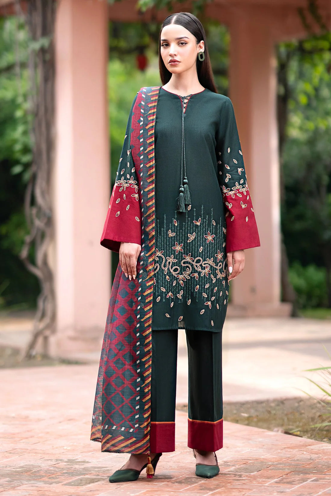 JAZMIN-3PC DHANAK EMBROIDRED SHIRT WITH WOOL PRINT SHAWL AND TROUSER-ADR-3288