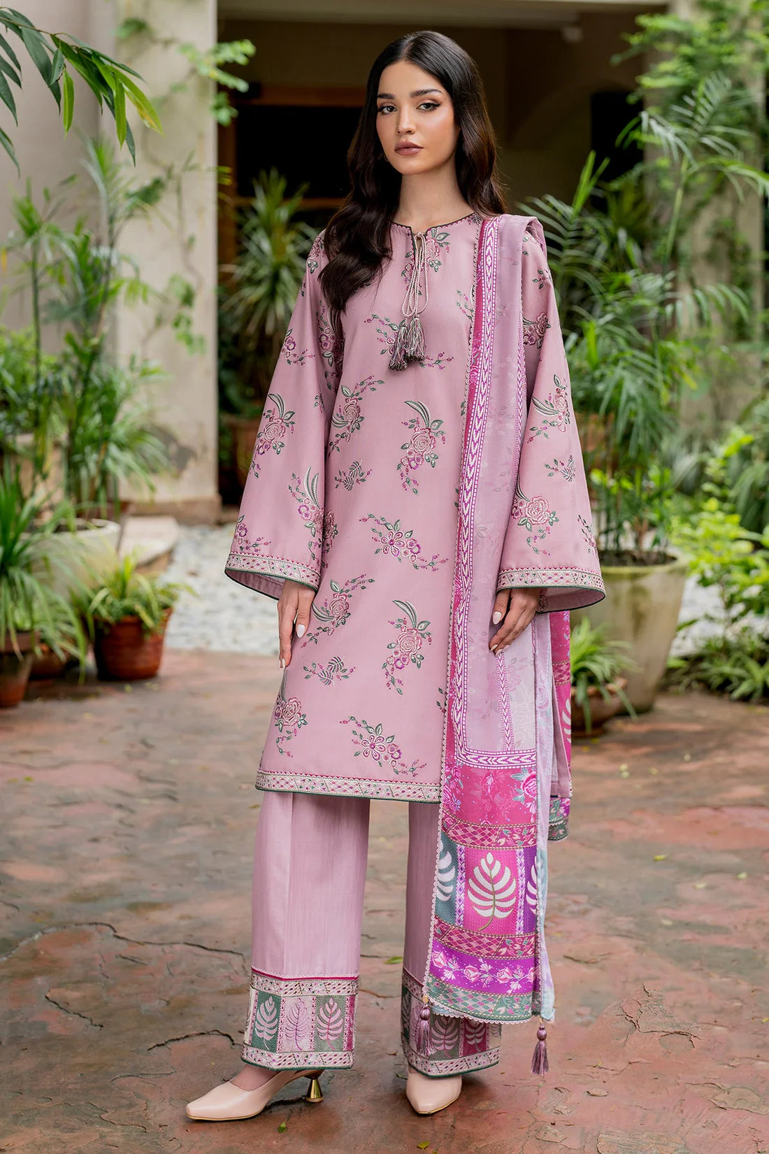 JAZMIN-3PC DHANAK EMBROIDRED SHIRT WITH WOOL PRINT SHAWL AND TROUSER-ADR-3302