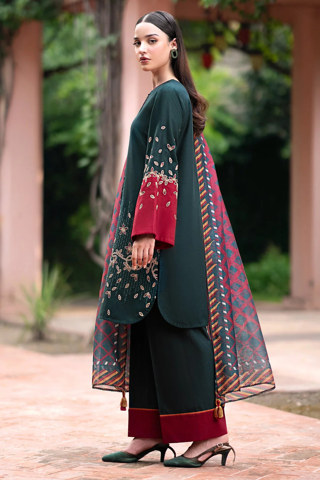 JAZMIN-3PC DHANAK EMBROIDRED SHIRT WITH WOOL PRINT SHAWL AND TROUSER-ADR-3288