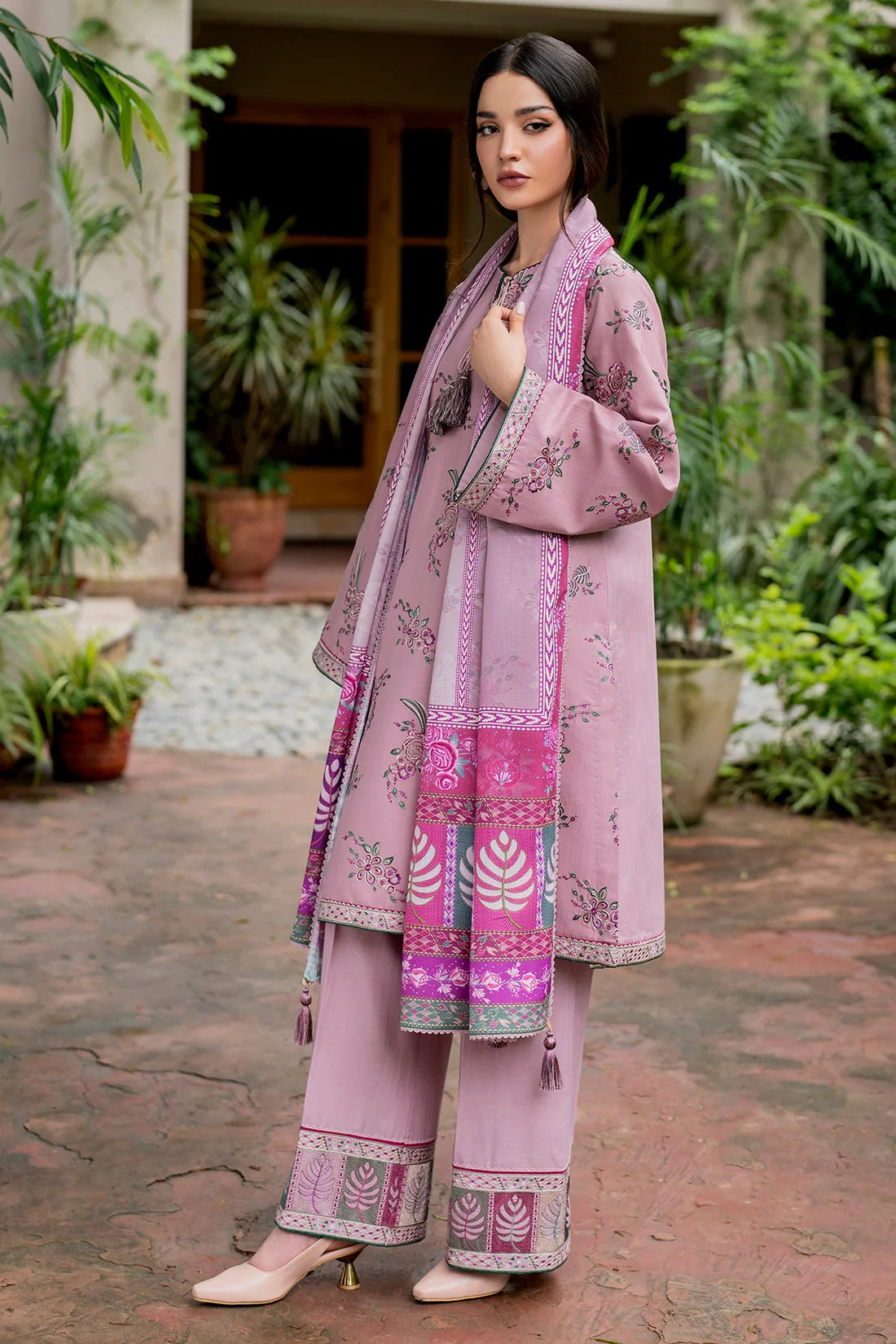 JAZMIN-3PC DHANAK EMBROIDRED SHIRT WITH WOOL PRINT SHAWL AND TROUSER-ADR-3302