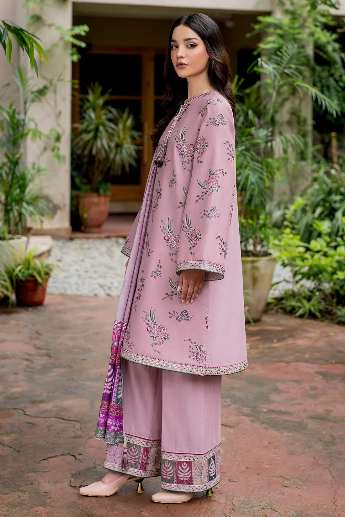 JAZMIN-3PC DHANAK EMBROIDRED SHIRT WITH WOOL PRINT SHAWL AND TROUSER-ADR-3302