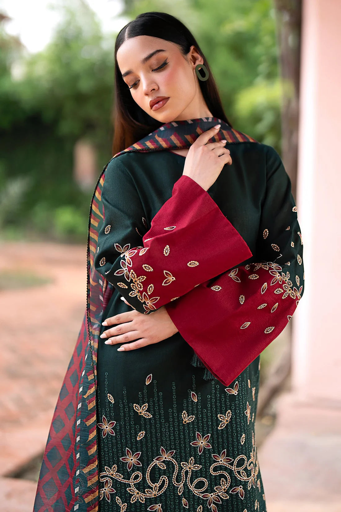 JAZMIN-3PC DHANAK EMBROIDRED SHIRT WITH WOOL PRINT SHAWL AND TROUSER-ADR-3288