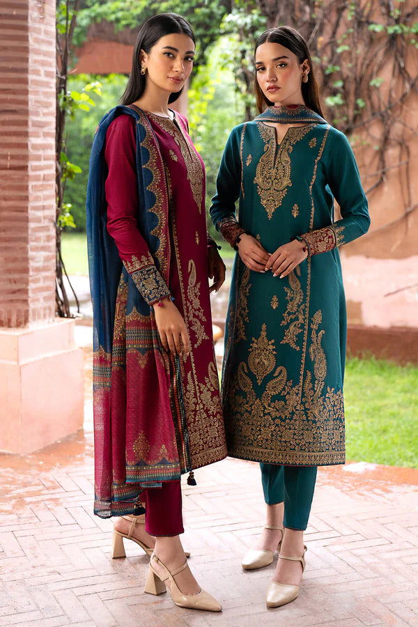 JAZMIN- 3PC DHANAK EMBROIDERED SHIRT WITH WOOL PRINT SHAWL AND TROUSER-ADR-3305-A