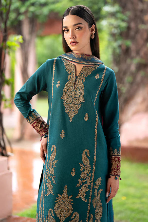 JAZMIN- 3PC DHANAK EMBROIDERED SHIRT WITH WOOL PRINT SHAWL AND TROUSER-ADR-3305-A