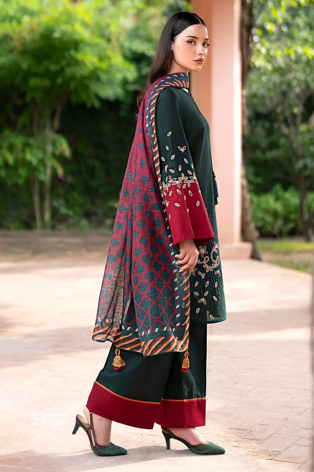 JAZMIN-3PC DHANAK EMBROIDRED SHIRT WITH WOOL PRINT SHAWL AND TROUSER-ADR-3288