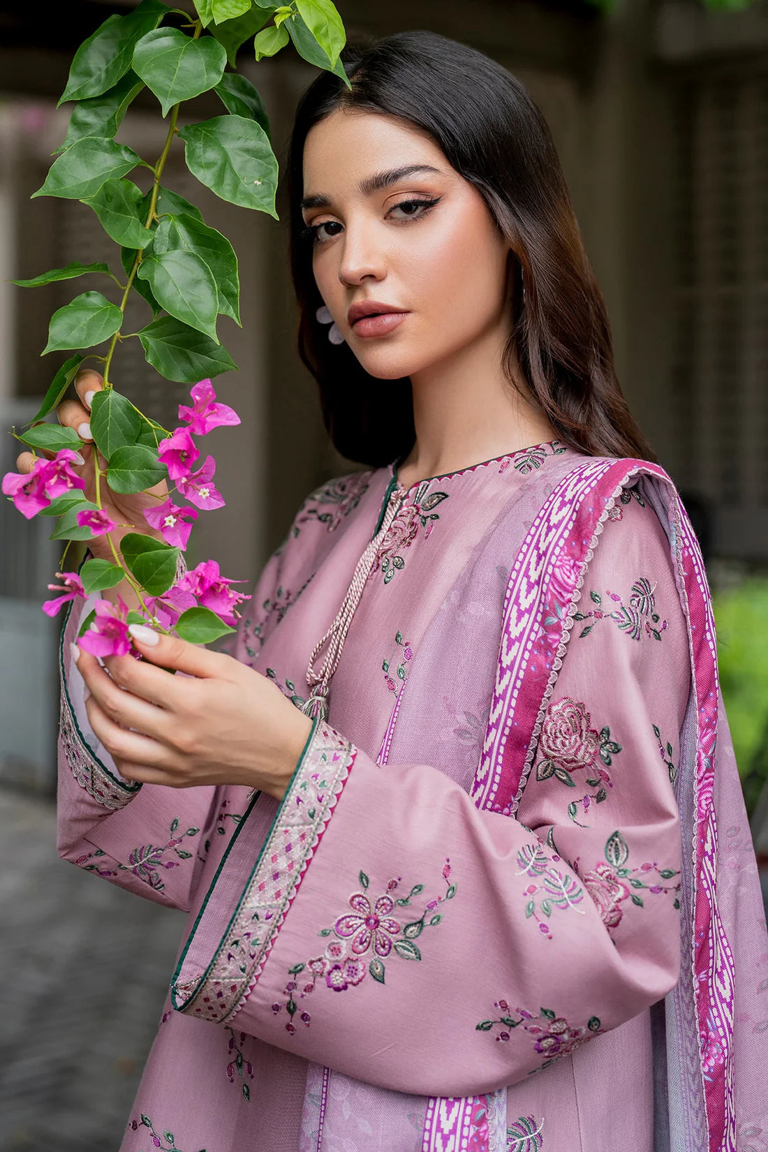 JAZMIN-3PC DHANAK EMBROIDRED SHIRT WITH WOOL PRINT SHAWL AND TROUSER-ADR-3302