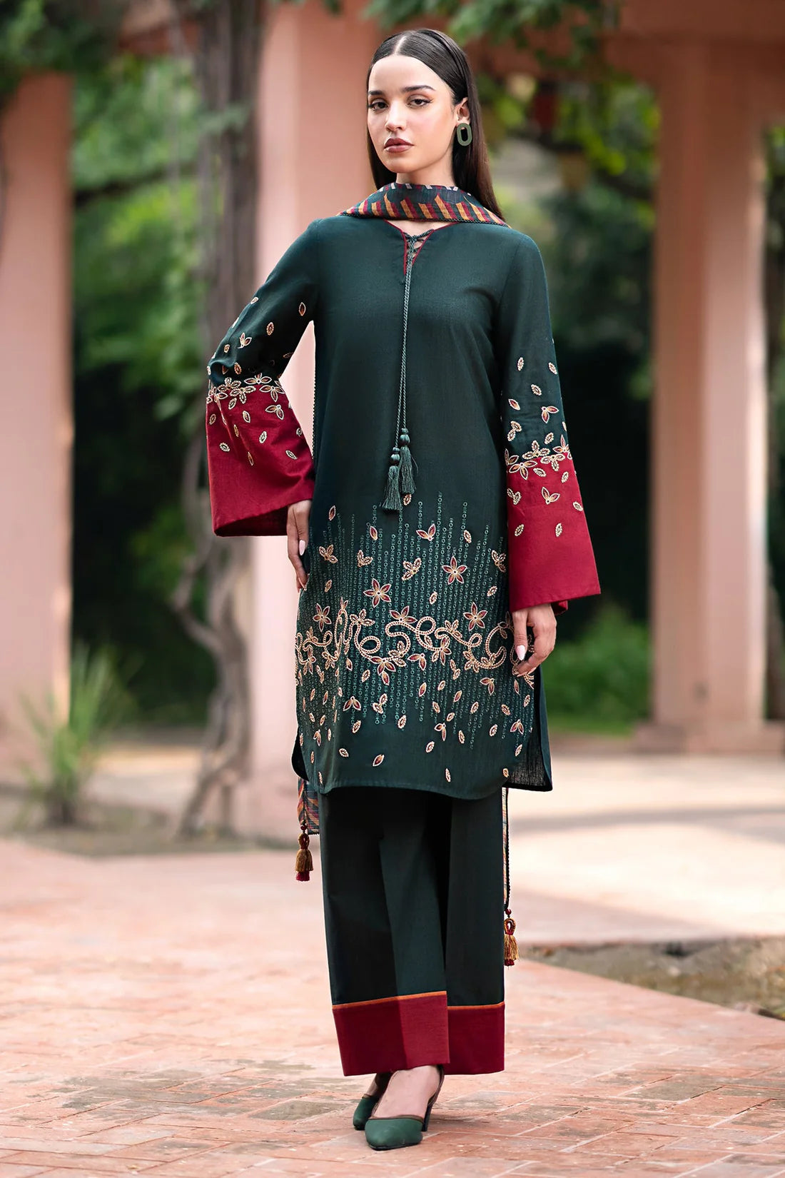 JAZMIN-3PC DHANAK EMBROIDRED SHIRT WITH WOOL PRINT SHAWL AND TROUSER-ADR-3288