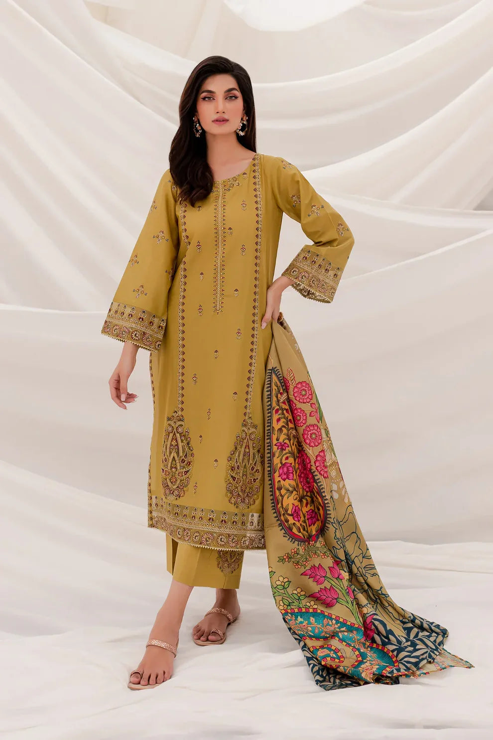 BATIK - 3PC DHANAK EMBROIDERED SHIRT WITH COUTURE WOOL SHAWL & TROUSER-ADR-3142