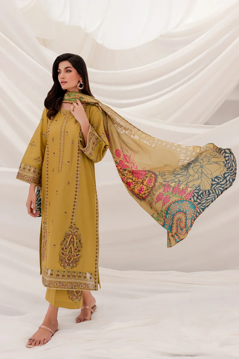 BATIK - 3PC DHANAK EMBROIDERED SHIRT WITH COUTURE WOOL SHAWL & TROUSER-ADR-3142