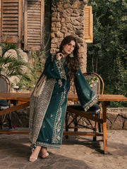 IZEL-3PC DHANAK EMBROIDERED SHIRT WITH COUTRAI PRINTED SHAWL AND TROUSER-ADR-5322