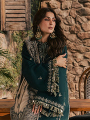 IZEL-3PC DHANAK EMBROIDERED SHIRT WITH COUTRAI PRINTED SHAWL AND TROUSER-ADR-5322