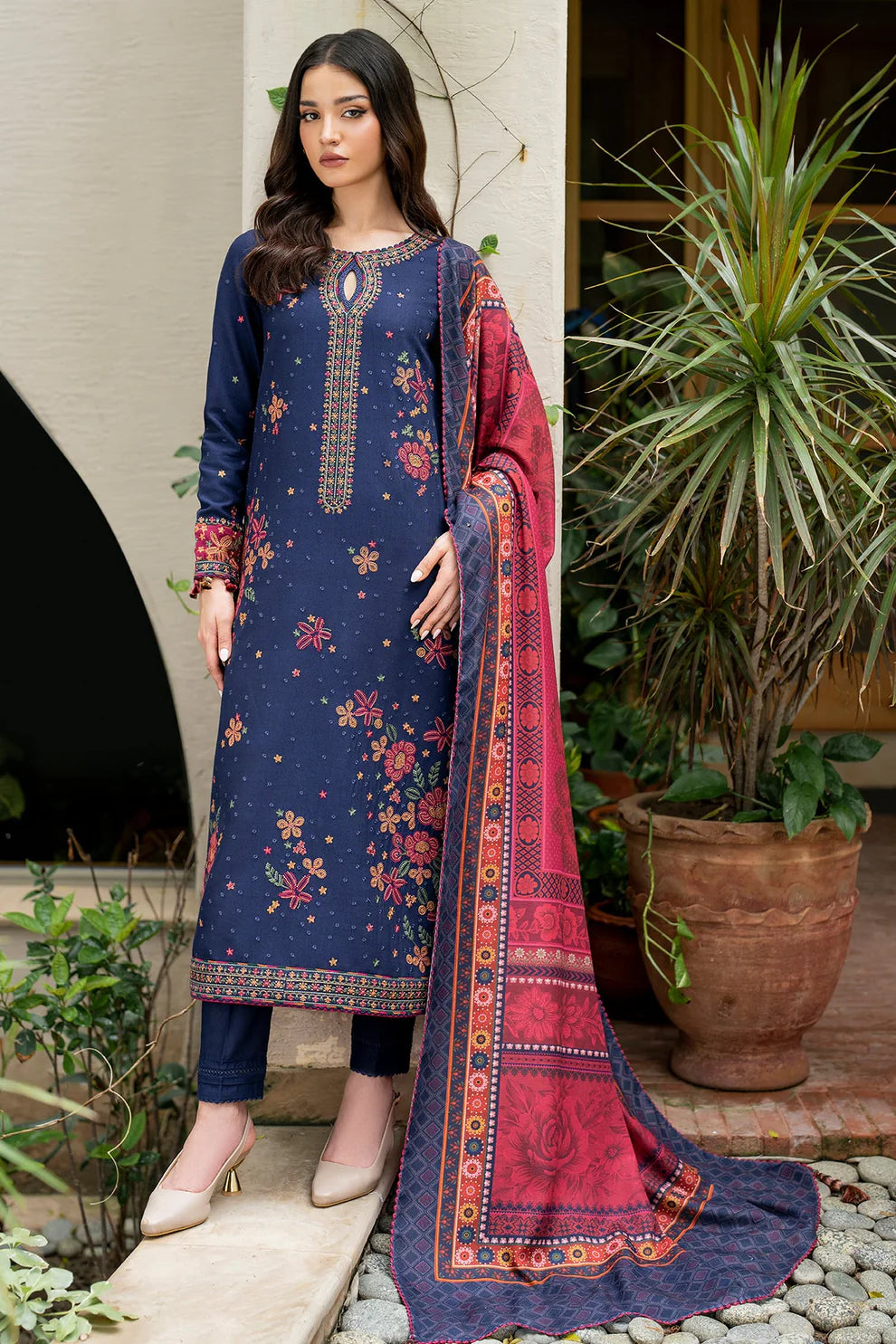 JAZMIN-3PC DHANAK EMBROIDRED SHIRT WITH WOOL PRINT SHAWL AND TROUSER-ADR-3292