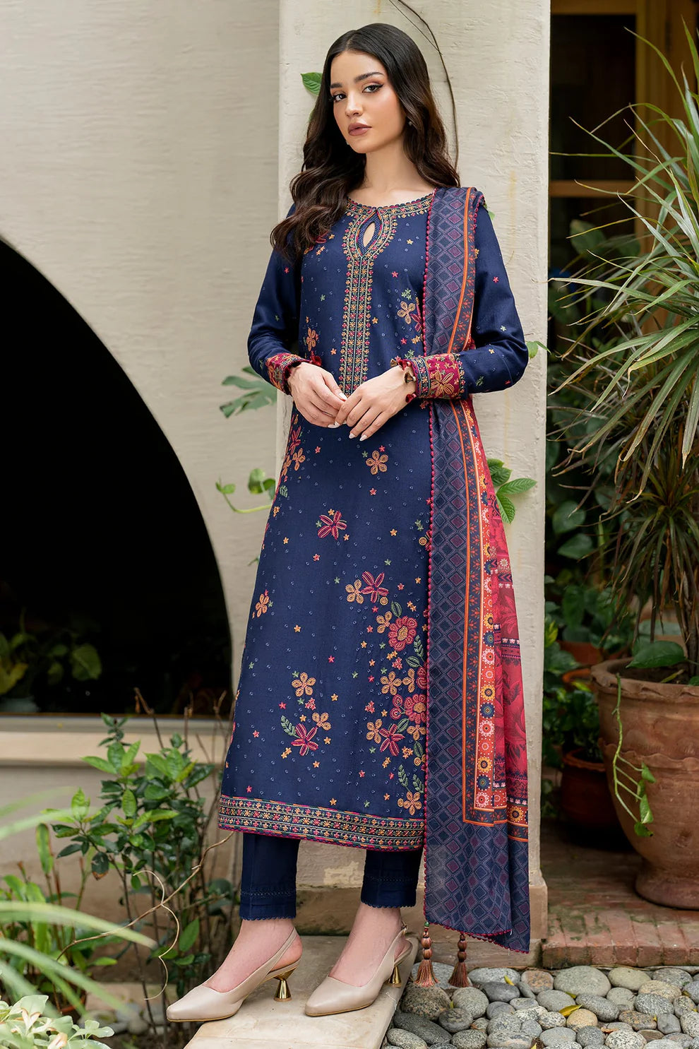 JAZMIN-3PC DHANAK EMBROIDRED SHIRT WITH WOOL PRINT SHAWL AND TROUSER-ADR-3292