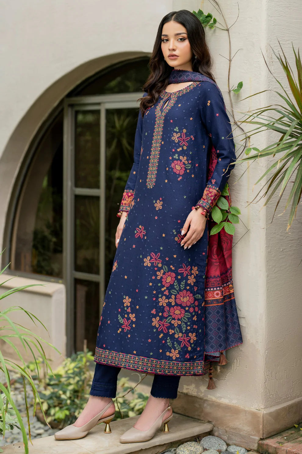 JAZMIN-3PC DHANAK EMBROIDRED SHIRT WITH WOOL PRINT SHAWL AND TROUSER-ADR-3292