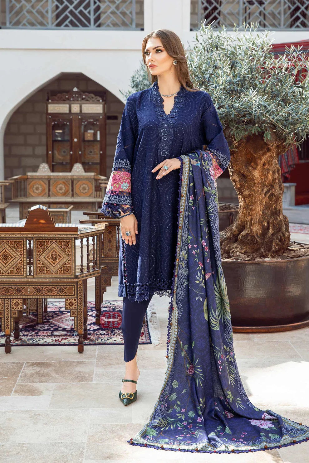 MARIA B - 3PC DHANAK SEQUENCE EMBROIDERED SHIRT WITH WOOL PRINTED SHAWL AND TROUSER-ADR-3238