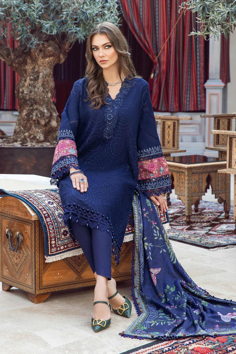 MARIA B - 3PC DHANAK SEQUENCE EMBROIDERED SHIRT WITH WOOL PRINTED SHAWL AND TROUSER-ADR-3238