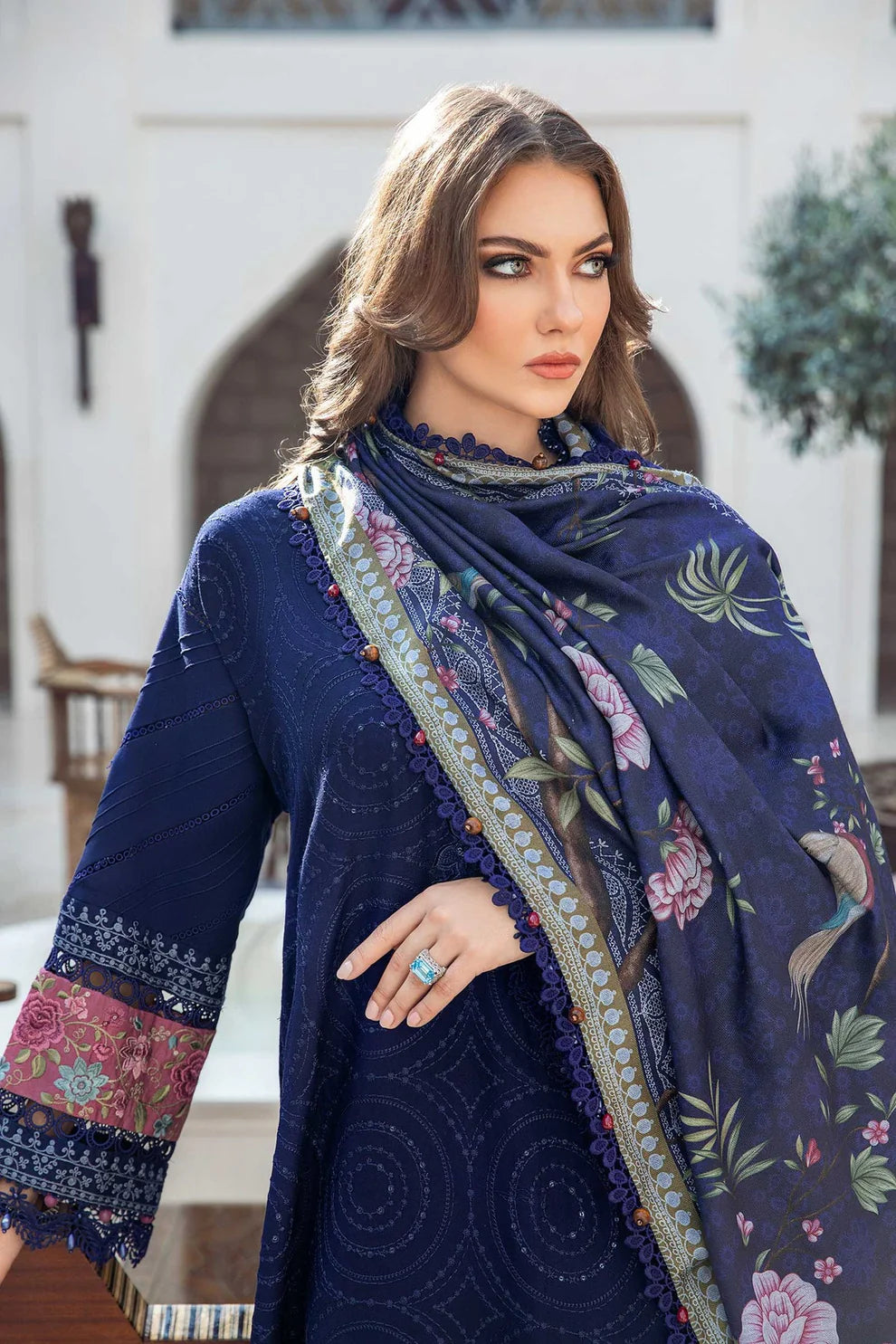 MARIA B - 3PC DHANAK SEQUENCE EMBROIDERED SHIRT WITH WOOL PRINTED SHAWL AND TROUSER-ADR-3238