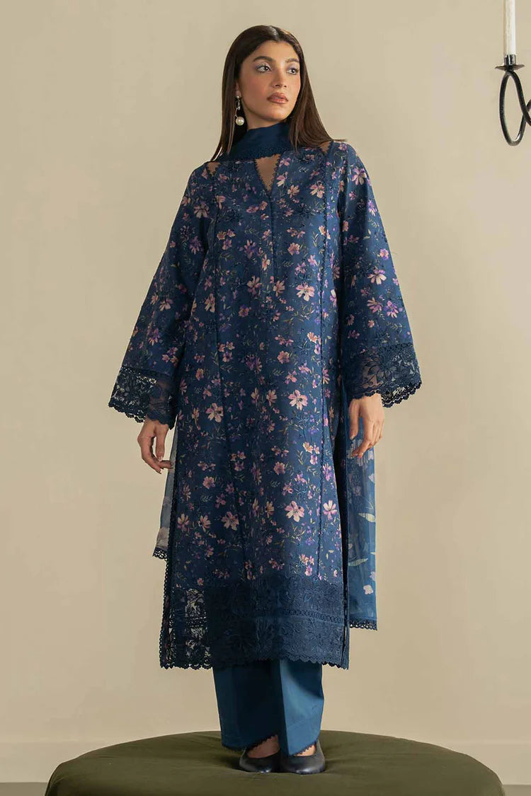 AYZEL-3PC LAWN PRINTED EMB SHIRT WITH SILK PRINTED DUPATTA AND DYED TROUSER-ADR-053