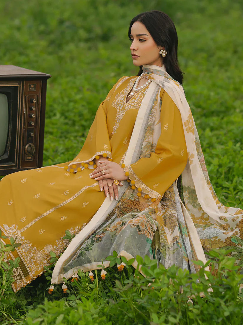 IZEL-3PC LAWN EMBROIDERED SHIRT WITH MONARK PRINT DUPATTA AND TROUSER-ADR-3685