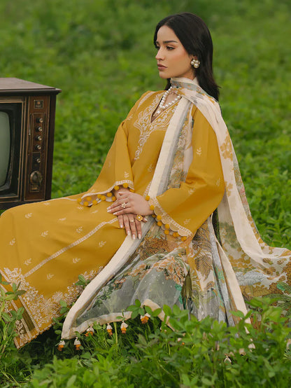 IZEL-3PC LAWN EMBROIDERED SHIRT WITH MONARK PRINT DUPATTA AND TROUSER-ADR-3685