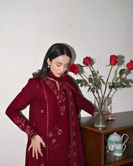 ZAIB-3PC DHANAK EMBROIDERED SHIRT WITH DHANAK EMBROIDERED SHAWL AND TROUSER-ADR-5031