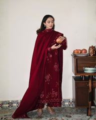 ZAIB-3PC DHANAK EMBROIDERED SHIRT WITH DHANAK EMBROIDERED SHAWL AND TROUSER-ADR-5031