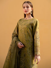 MAHNUR-3PC LAWN LASER WORK EMBROIDERED SHIRT WITH KHAADI NET EMBROIDERED DUPATTA AND TROUSER -ADR-4742