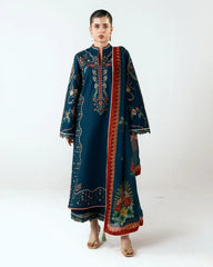 HUSSAIN REHAR-3PC DHANAK EMBROIDERED SHIRT WITH COUTRAI PRINTED SHAWL AND EMB TROUSER-ADR-5172