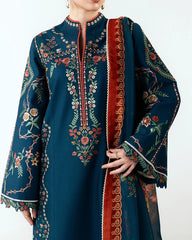 HUSSAIN REHAR-3PC DHANAK EMBROIDERED SHIRT WITH COUTRAI PRINTED SHAWL AND EMB TROUSER-ADR-5172