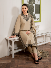 GARNET-3PC DHANAK EMBROIDERED SHIRT WITH WOOL PRINTED SHAWL AND TROUSER-ADR-5064