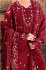 GARNET-3PC DHANAK EMBROIDERED SHIRT WITH DHANAK EMBROIDERED SHAWL & TROUSER-ADR-4306
