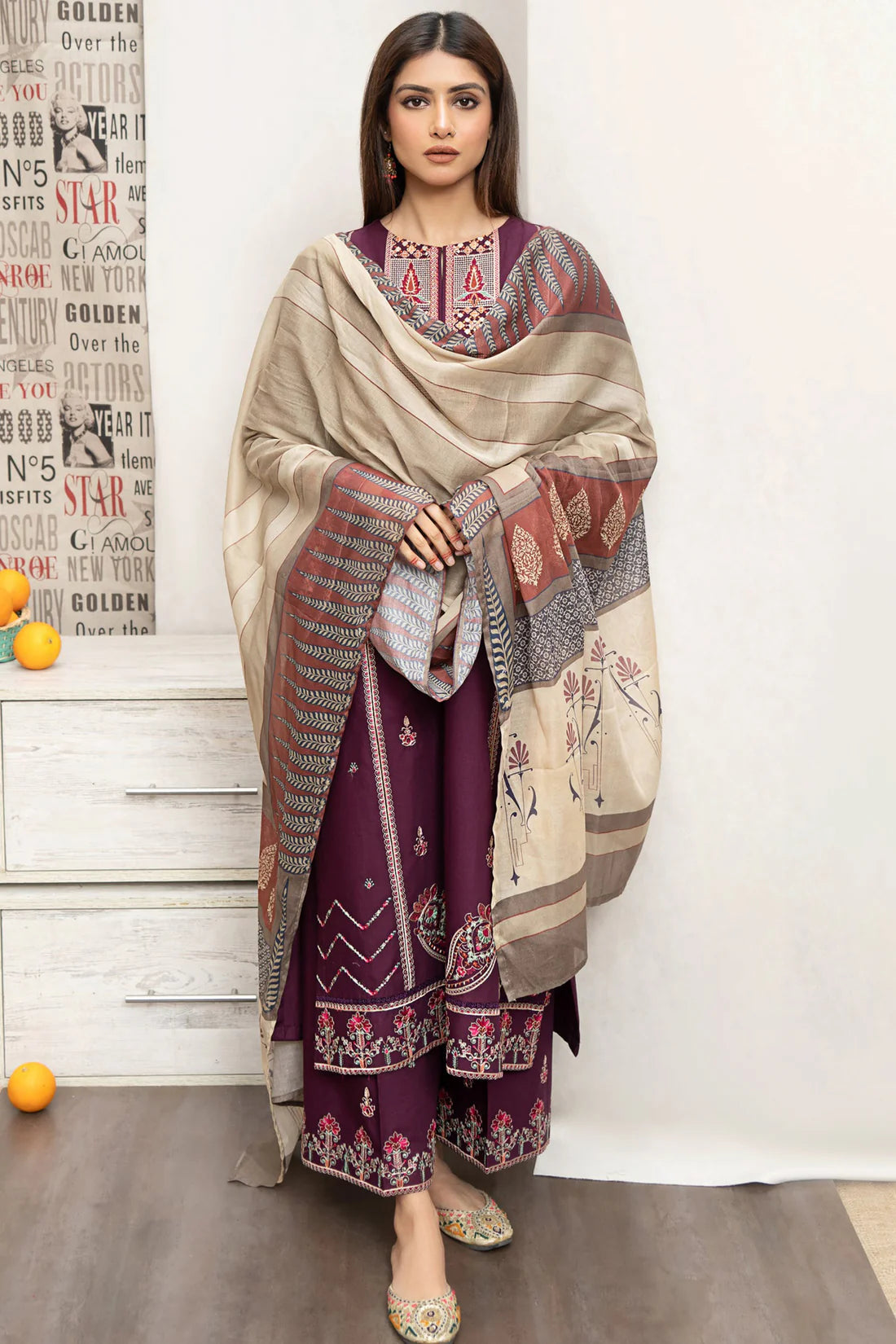 URGE- 3PC DHANAK EMBROIDERED SHIRT WITH COUTURE PRINT SHAWL AND EMB TROUSER-ADR-3216