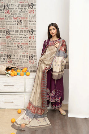 URGE- 3PC DHANAK EMBROIDERED SHIRT WITH COUTURE PRINT SHAWL AND EMB TROUSER-ADR-3216