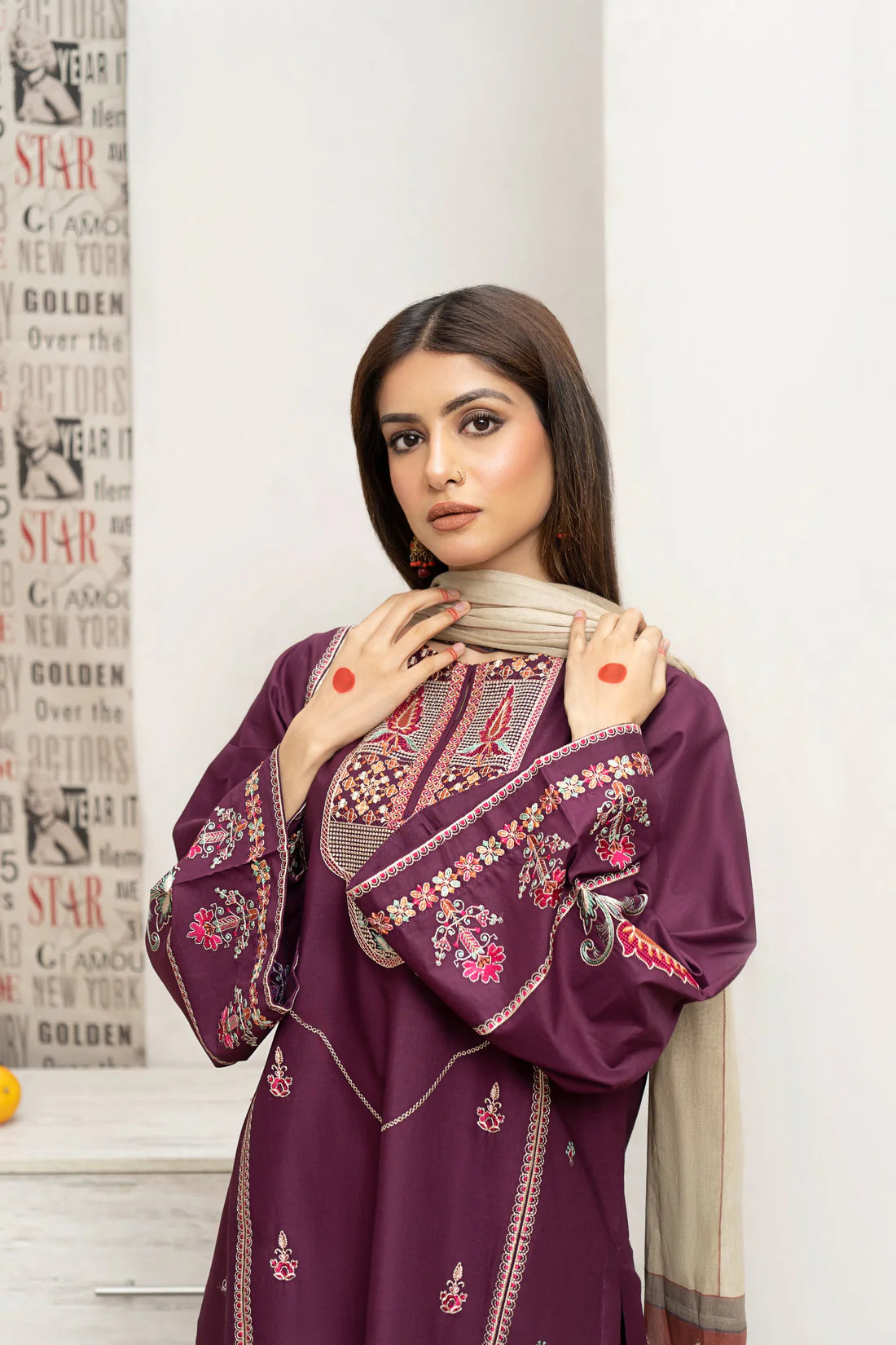 URGE- 3PC DHANAK EMBROIDERED SHIRT WITH COUTURE PRINT SHAWL AND EMB TROUSER-ADR-3216