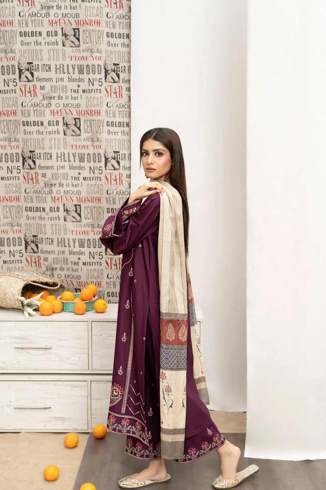 URGE- 3PC DHANAK EMBROIDERED SHIRT WITH COUTURE PRINT SHAWL AND EMB TROUSER-ADR-3216