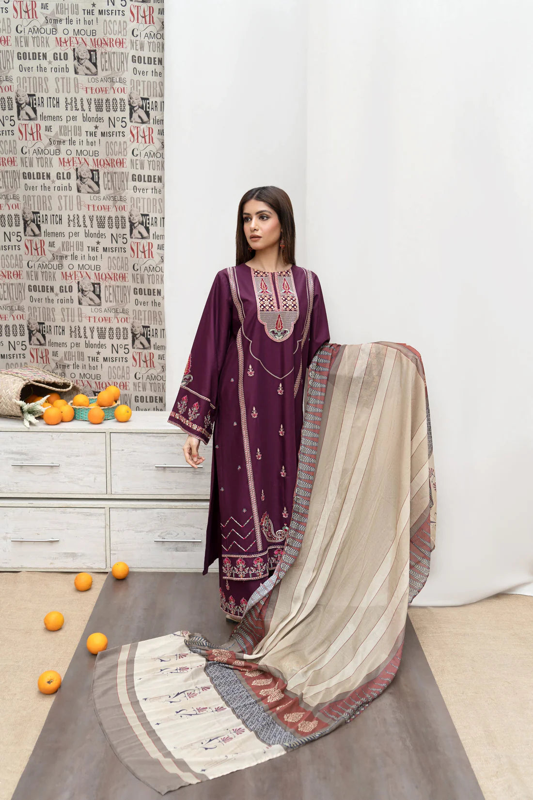 URGE- 3PC DHANAK EMBROIDERED SHIRT WITH COUTURE PRINT SHAWL AND EMB TROUSER-ADR-3216