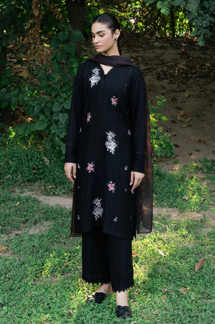 ZIVA - 3PC DHANAK EMBROIDERED SHIRT WITH TWILL PRINTED SHAWL & TROUSER-ADR-3399