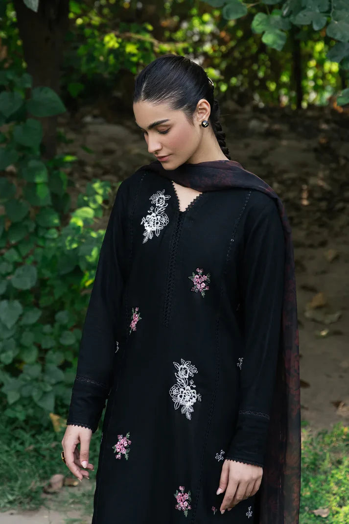 ZIVA - 3PC DHANAK EMBROIDERED SHIRT WITH TWILL PRINTED SHAWL & TROUSER-ADR-3399