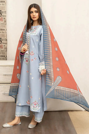 URGE- 3PC DHANAK EMBROIDERED SHIRT WITH COUTURE WOOL PRINT SHAWL AND EMB TROUSER-ADR-3166