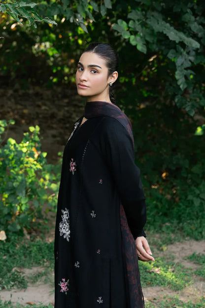 ZIVA - 3PC DHANAK EMBROIDERED SHIRT WITH TWILL PRINTED SHAWL & TROUSER-ADR-3399
