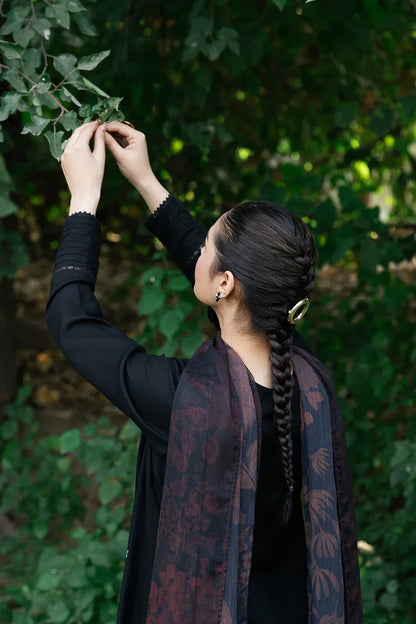 ZIVA - 3PC DHANAK EMBROIDERED SHIRT WITH TWILL PRINTED SHAWL & TROUSER-ADR-3399